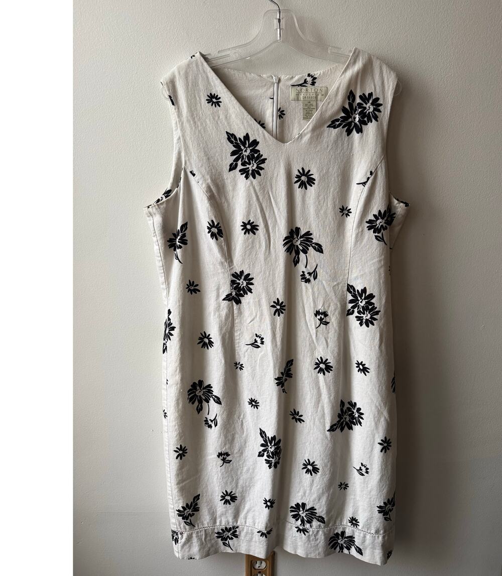 Norton McNaughton White Linen Midi Shift Dress Black Floral 90s Sleeveless 18 XL